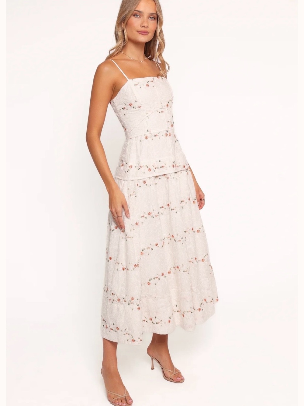 Just Me White Embroidered Maxi Dress with Floral Print